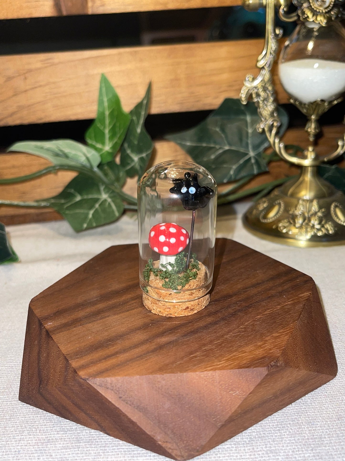 Glass Bat and Ceramic Mushroom in a Glass Dome