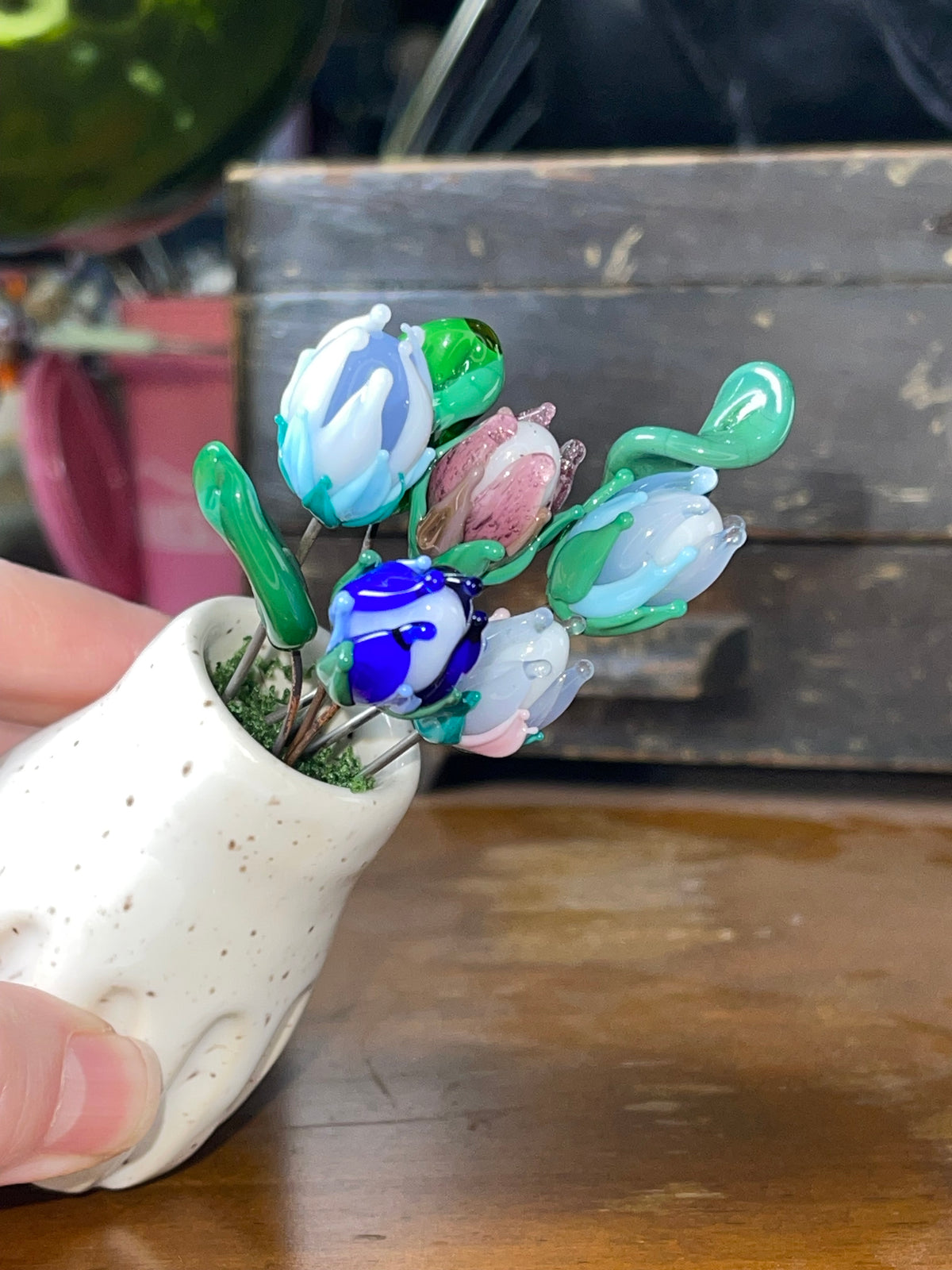 Speckled Ceramic Vase and Glass Flowers