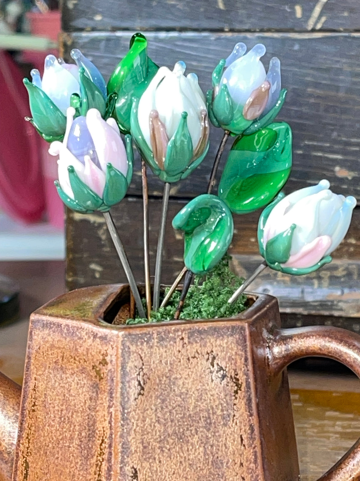 Watering Can and Glass Flowers
