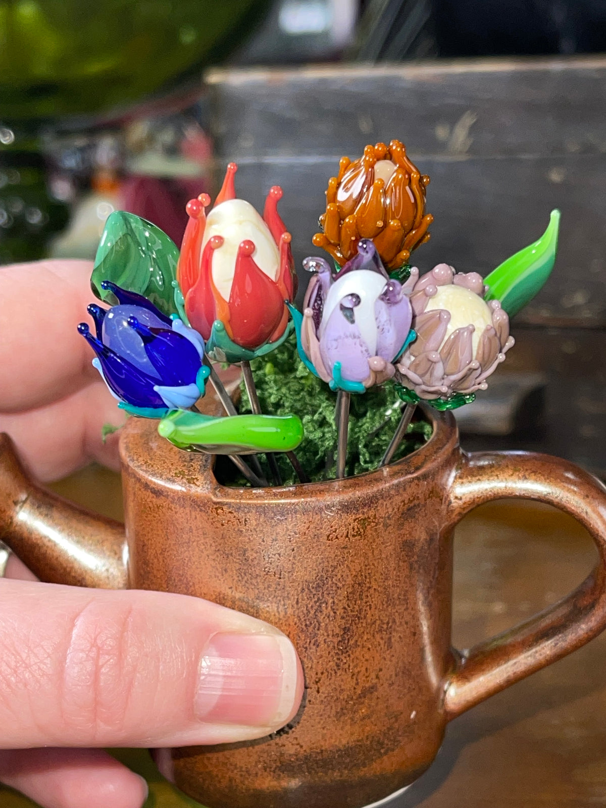 Watering Can and Glass Flowers