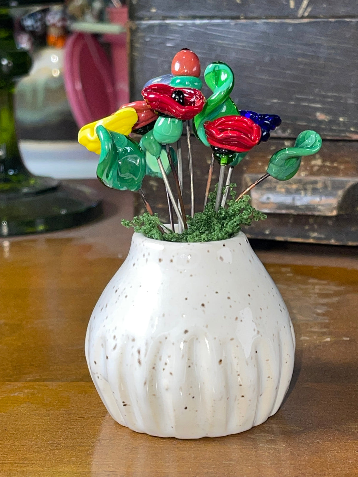 Speckled Ceramic Vase and Glass Flowers
