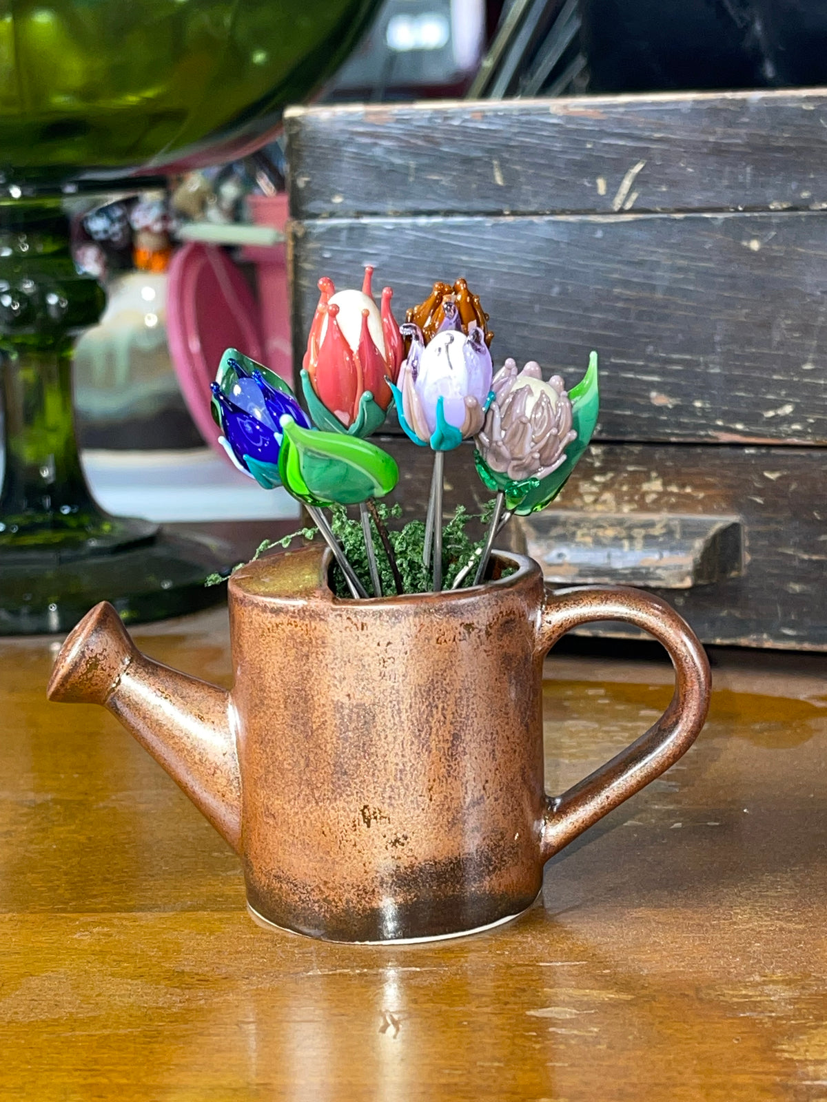 Watering Can and Glass Flowers