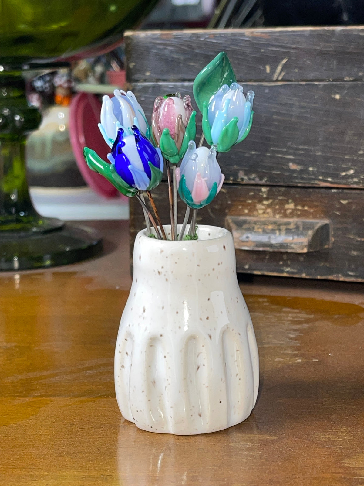 Speckled Ceramic Vase and Glass Flowers