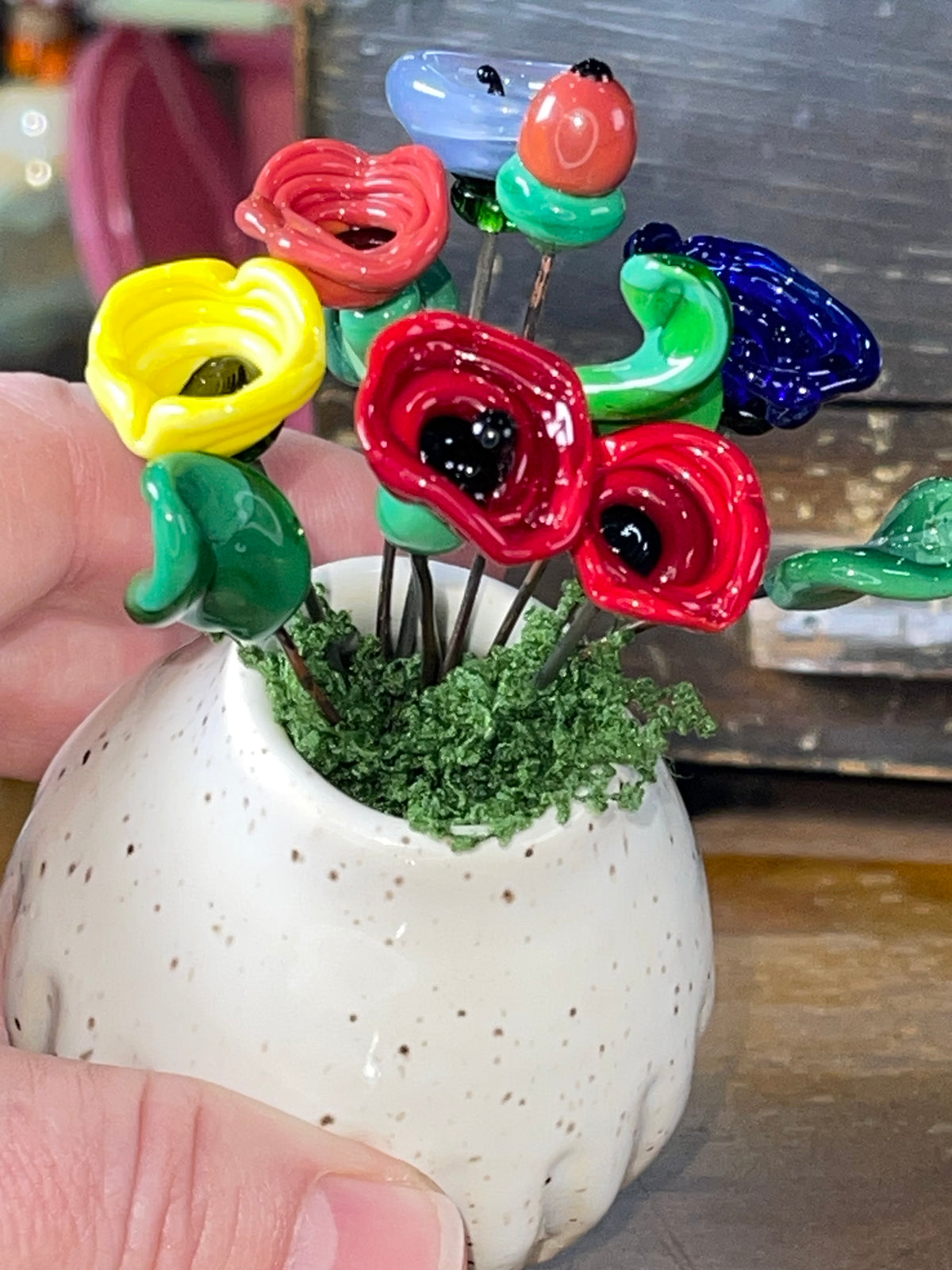 Speckled Ceramic Vase and Glass Flowers