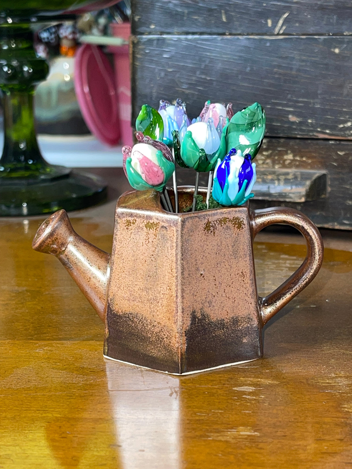 Watering Can and Glass Flowers