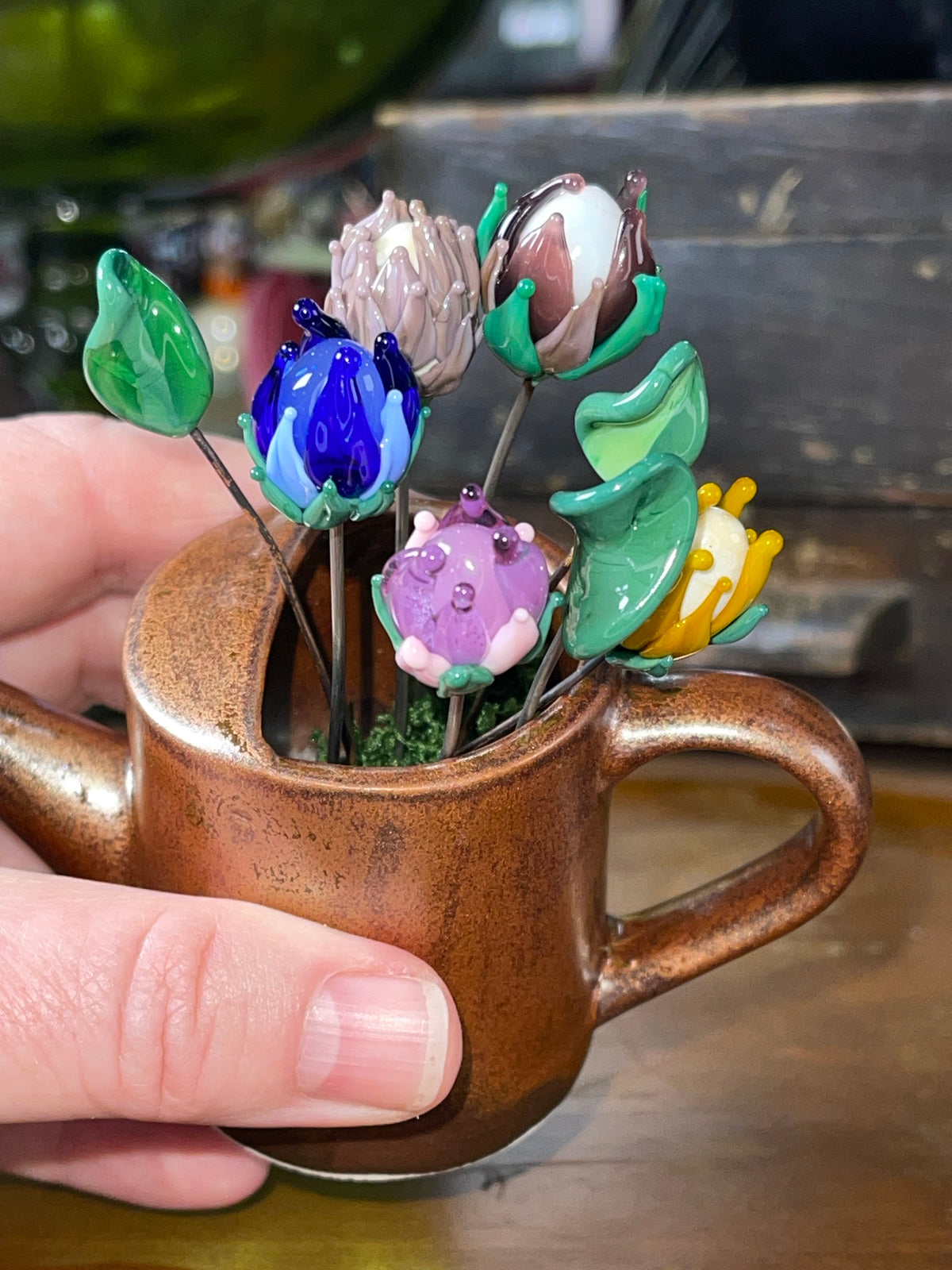 Watering Can and Glass Flowers